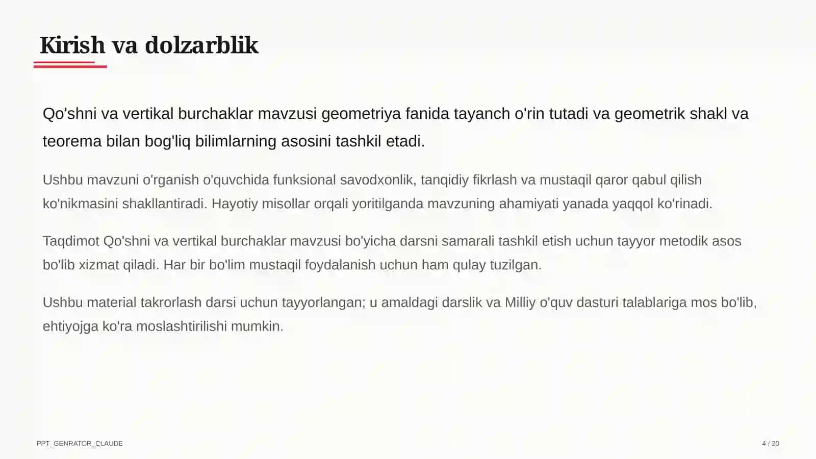 Qo'shni va vertikal burchaklar (7-sinf) 4
