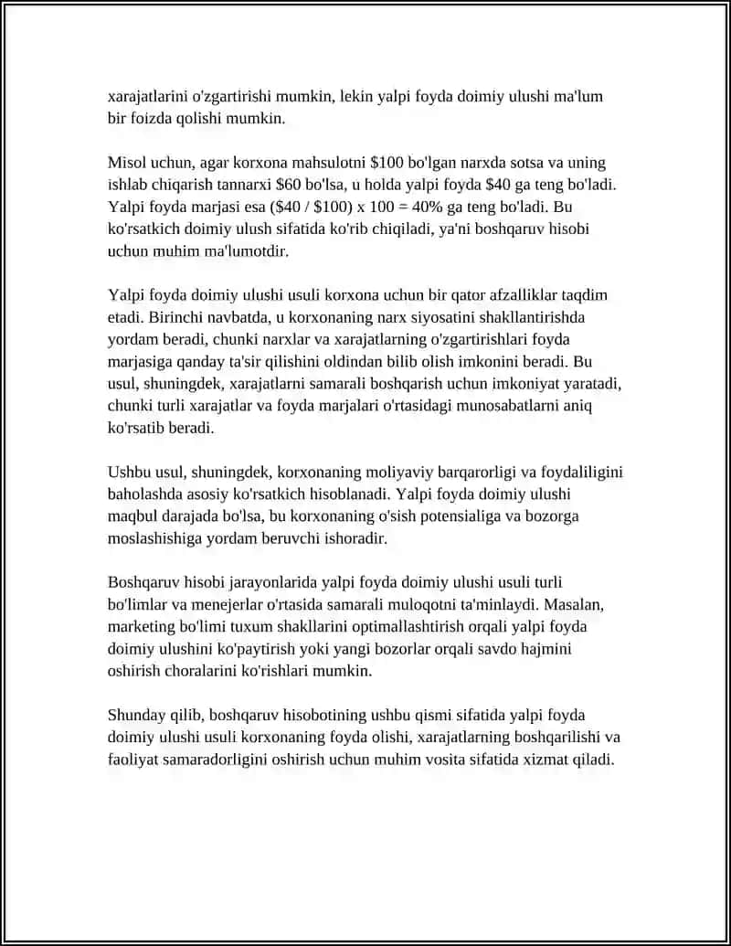 BOSHQARUV HISOBINI YURITISHDA YALPI FOYDA DOIMIY ULUSHI USULI 4