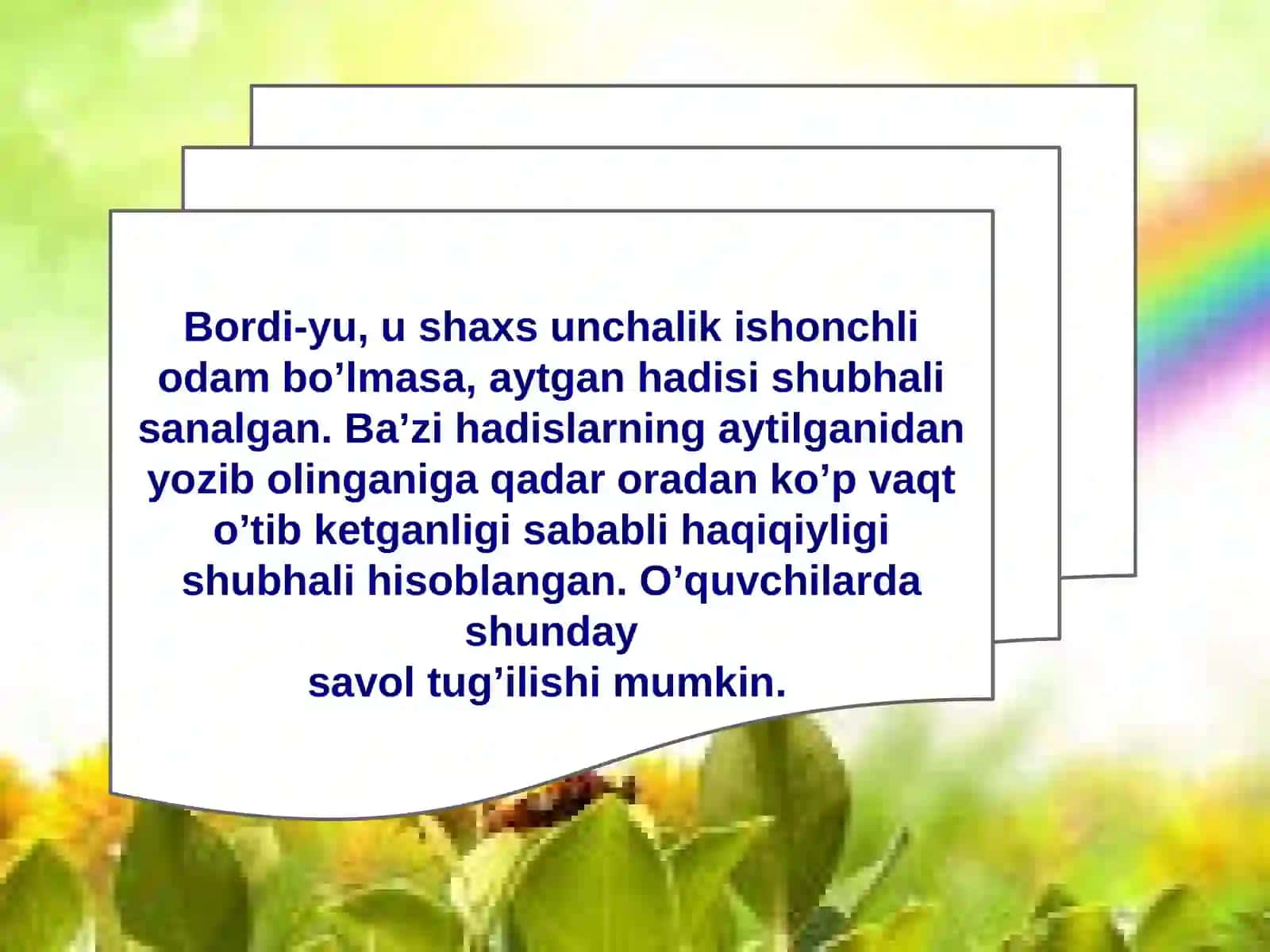 Hadis ilmining paydo boʻlishi muhaddislarning imom ismoil al-buxoriy Imom ismoil At-Termiziy va boshqalar hadis ilmi rivojiga qoʻshilgan xissasi 4