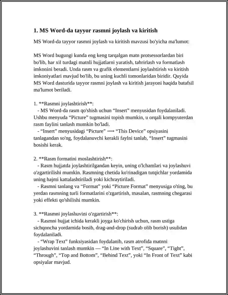 MS WORD-DA TAYYOR RASMLARNI OʻRNATISH VA TAHRIRLASH. CHIZMALARNI TAYYORLASH VA OʻRNATISH 4