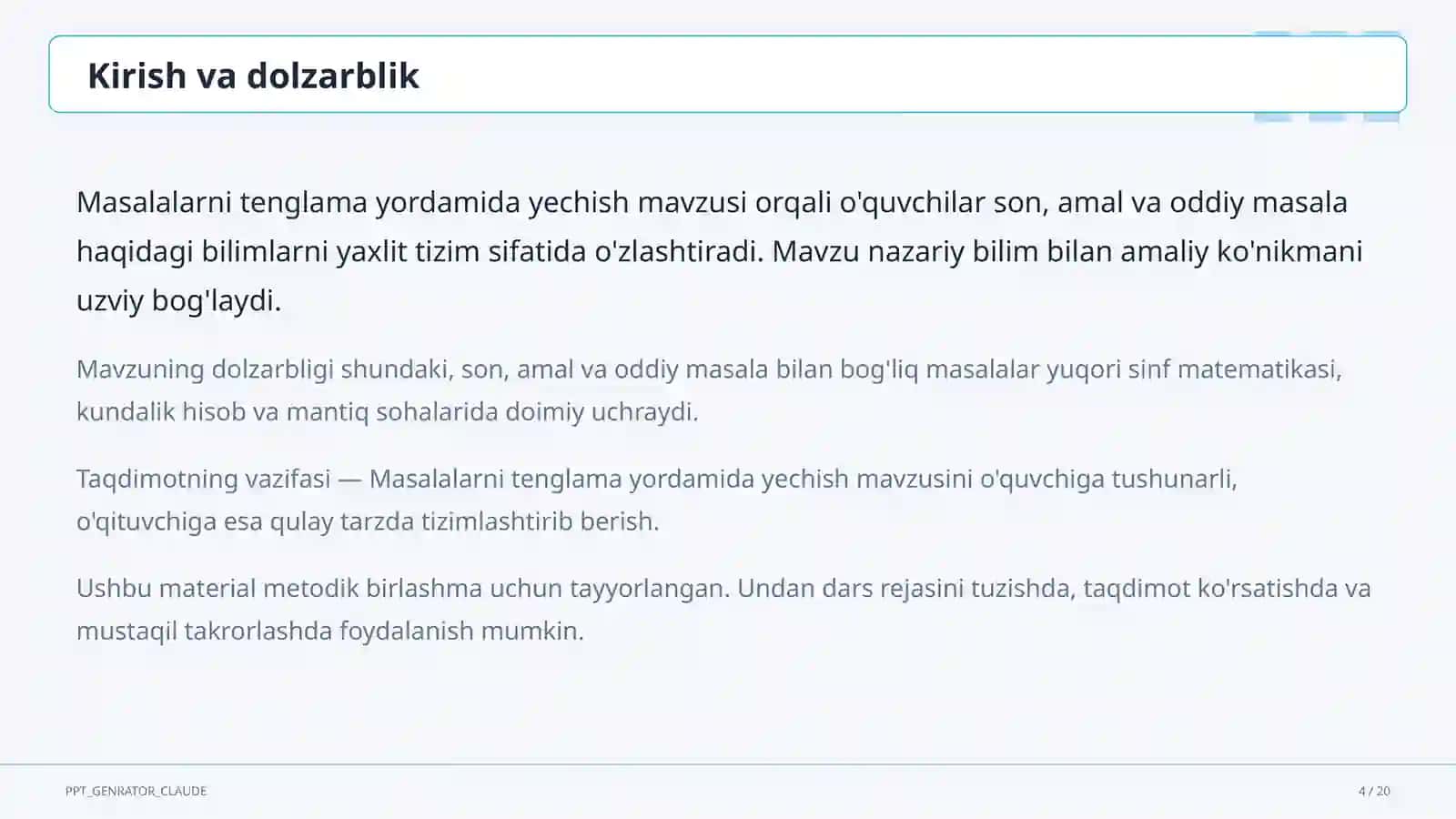 Masalalarni tenglama yordamida yechish (3-sinf) 4