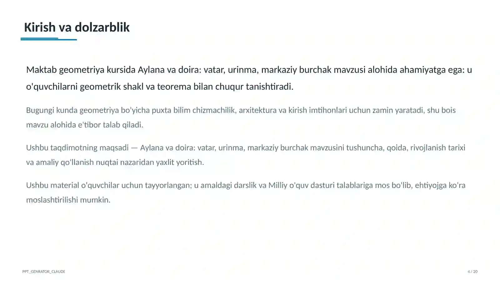 Aylana va doira: vatar, urinma, markaziy burchak (8-sinf) 4