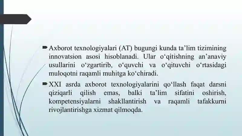 TA'LIM JARAYONIDA AXBOROT TEXNOLOGIYALARINING OʻRNI VA IMKONIYATLARI .TA'LIM JARAYONIDA QOʻLLANILADIGAN AXBOROT-KOMMUNIKATSIYA TEXNOLOGIYALARI, TEXNIK VA DASTURIY VOSITALARDAN FOYDALANISH. OPERATSION TIZIMLAR VA ULARNING TURLARI. ZAMONAVIY OʻQUV-TEXNIK VOSITALAR VA ULARNING TASNIFI. 4