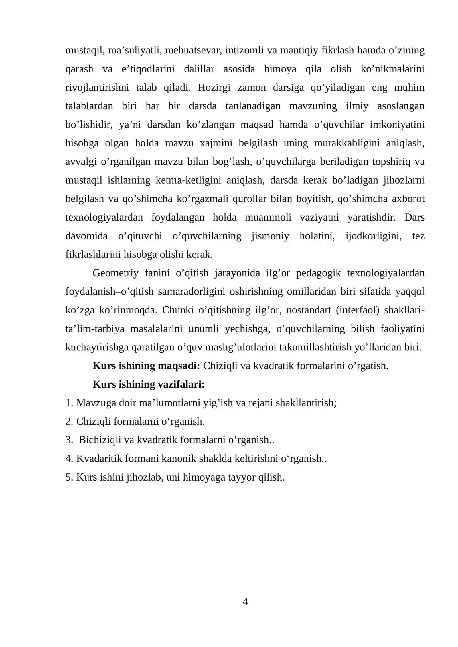 Chiziqli va kvadratik formalar . Kvadratik formalarni kononik koʻrinishga keltirish 4