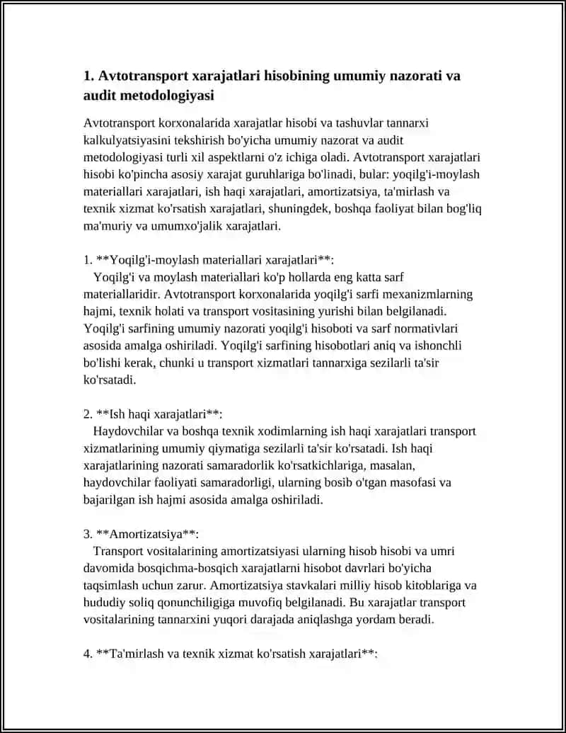AVTOTRANSPORT KORXONALARIDA XARAJATLAR HISOBI VA TASHUVLAR TANNARXI KALKULYASIYASINI TEKSHIRISH 4