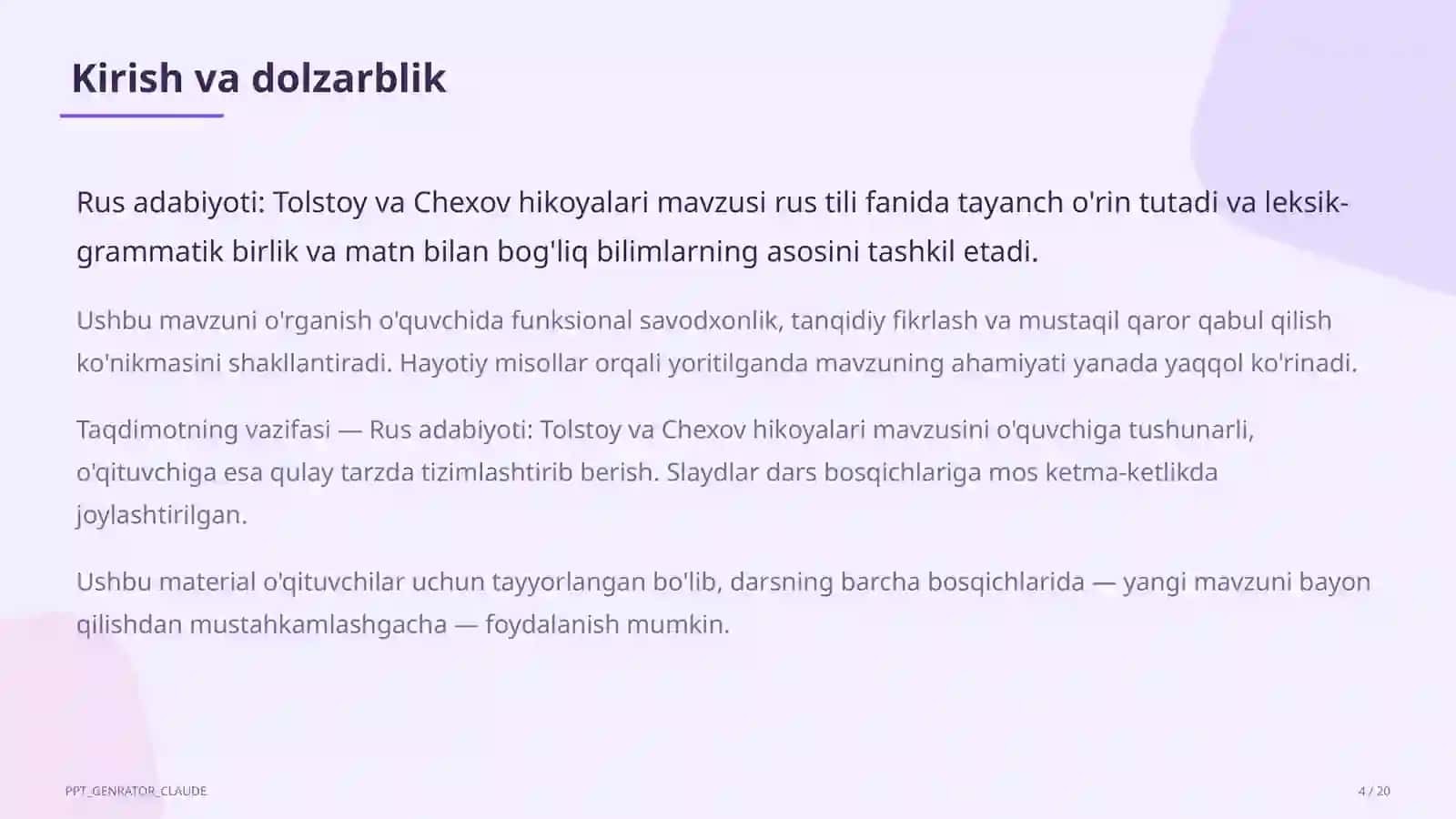 Rus adabiyoti: Tolstoy va Chexov hikoyalari (10-sinf) 4