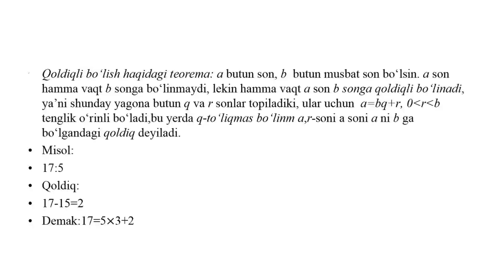 MATEMATIKA TA’LIM YO’NALISHI M_24_02 GURUH TALABASI TO’XTAMURODOVA MARJONANING “ALGEBRA” FANIDAN “BUTUN SONLAR HALQASIDA BO’LINISH MUNOSABATI” MAVZUSIDA KURS ISHIDAN TAQDIMOTI 4