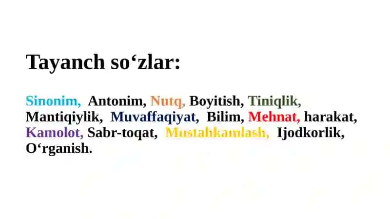Sinonim va antonim so’zlarning nutqda qo’llanishi. Muvafaqqiyatning kaliti bilimda. 4