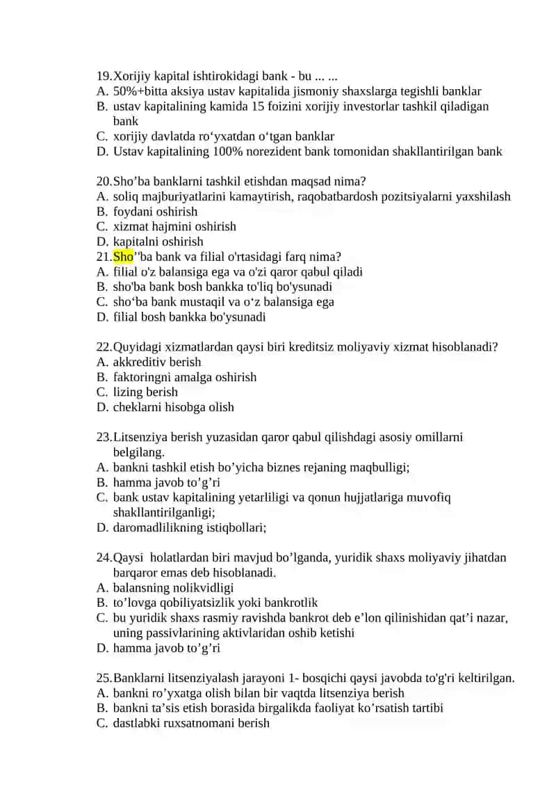 Tijorat banklari faoliyati bo'yicha test savollari 4