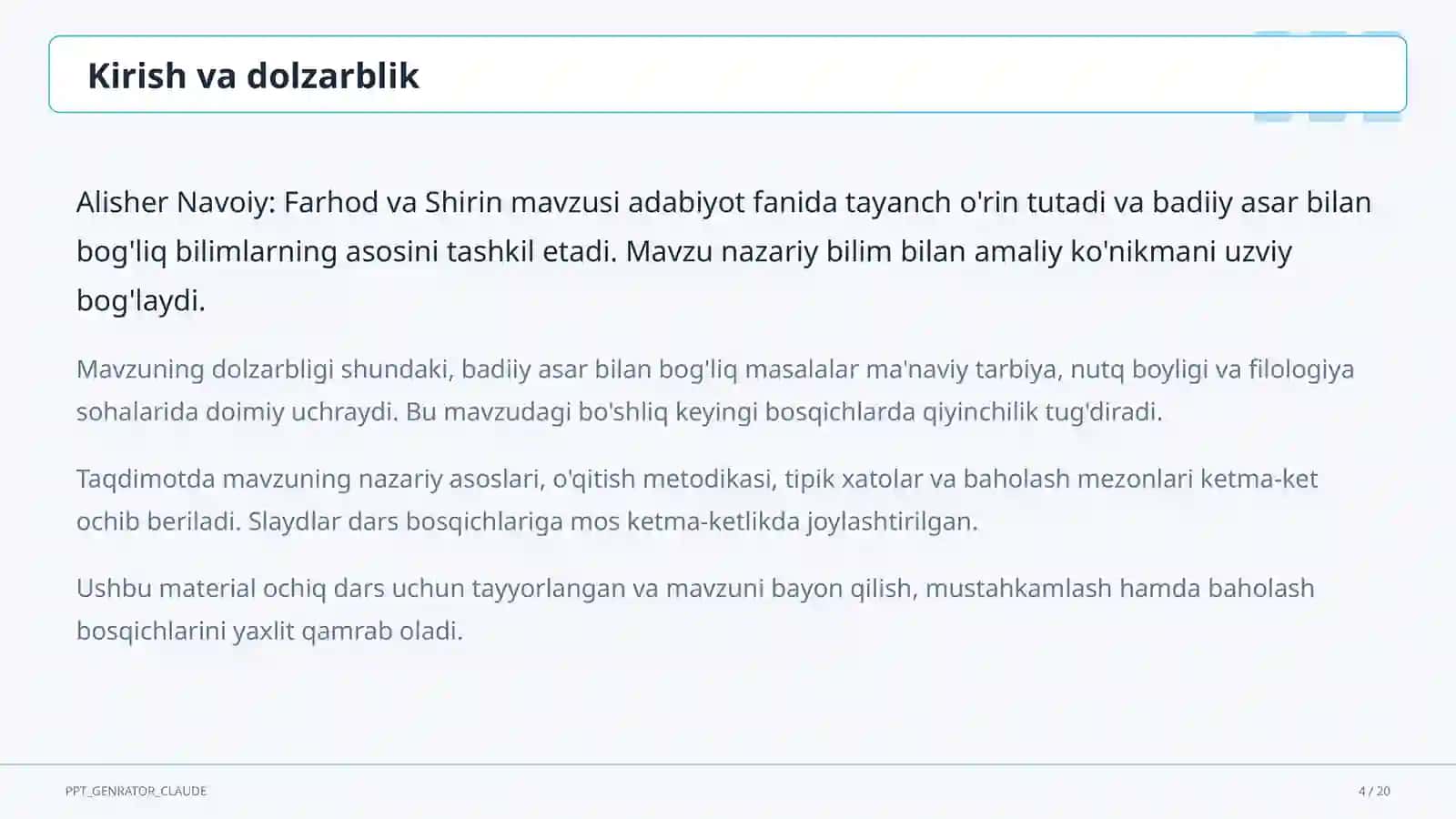 Alisher Navoiy: Farhod va Shirin (8-sinf) 4
