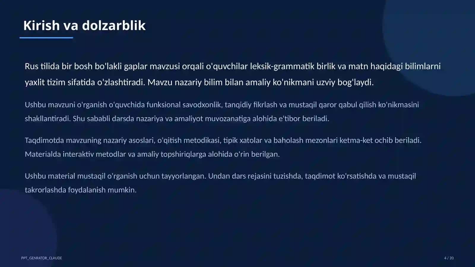 Rus tilida bir bosh bo'lakli gaplar (8-sinf) 4