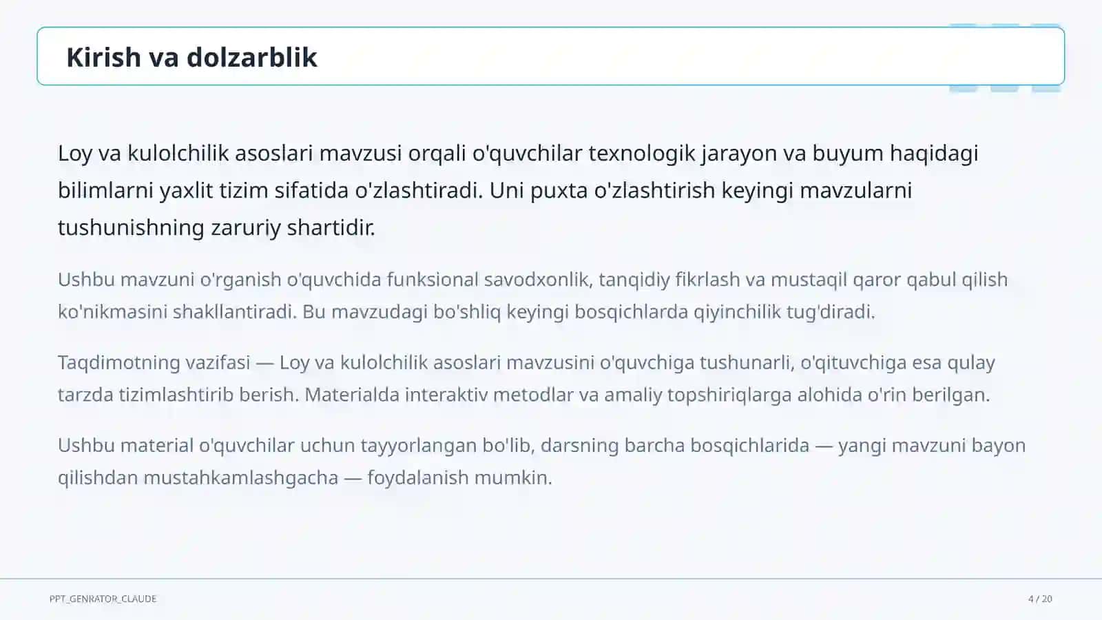 Loy va kulolchilik asoslari (4-sinf) 4