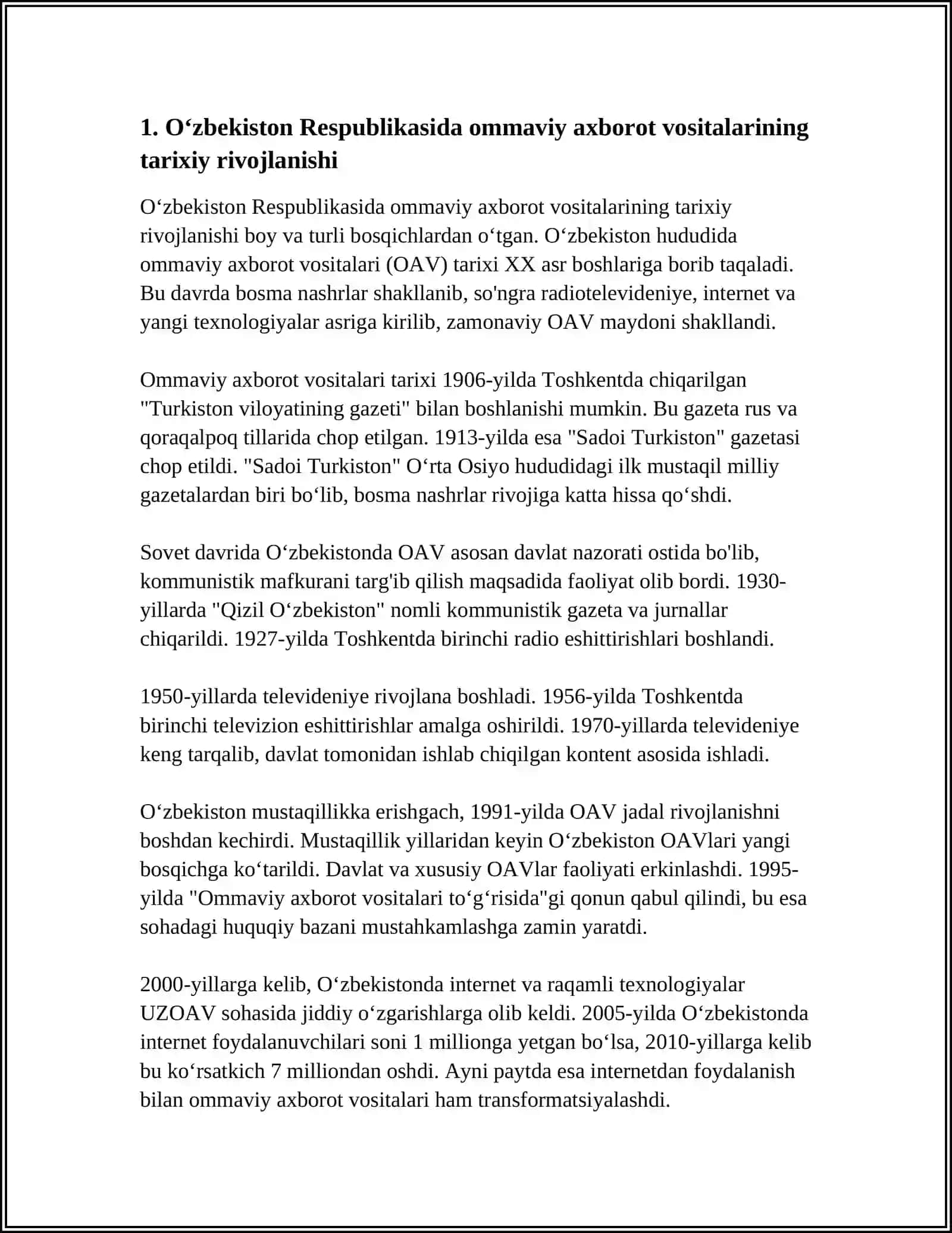 OʻZBEKISTON RESPUBLIKASIDA OMMAVIY AXBOROT VOSITALARINING FAOLIYATI 4