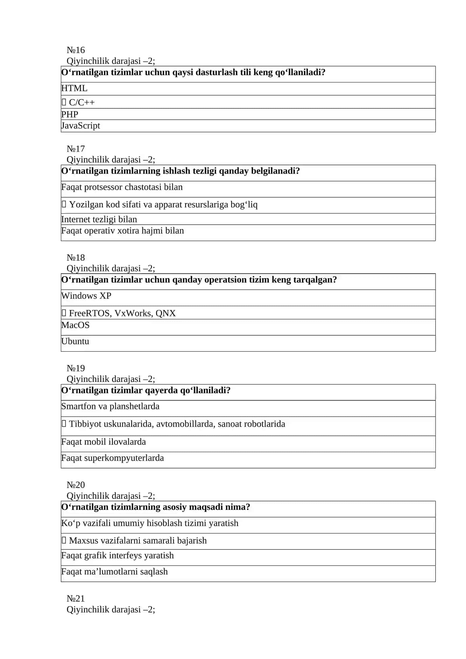 O'rnatilga tizimlar fanidan yakuniy test javoblari 2026-yil 4