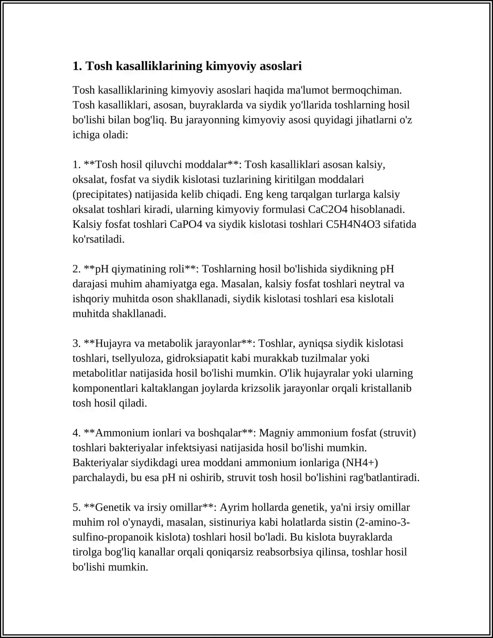 TOSH KASALLIKLARNING KIMYOVIY ASOSLARI.SIYDIK, BUYRAK,OʻT TOSHLARI 4