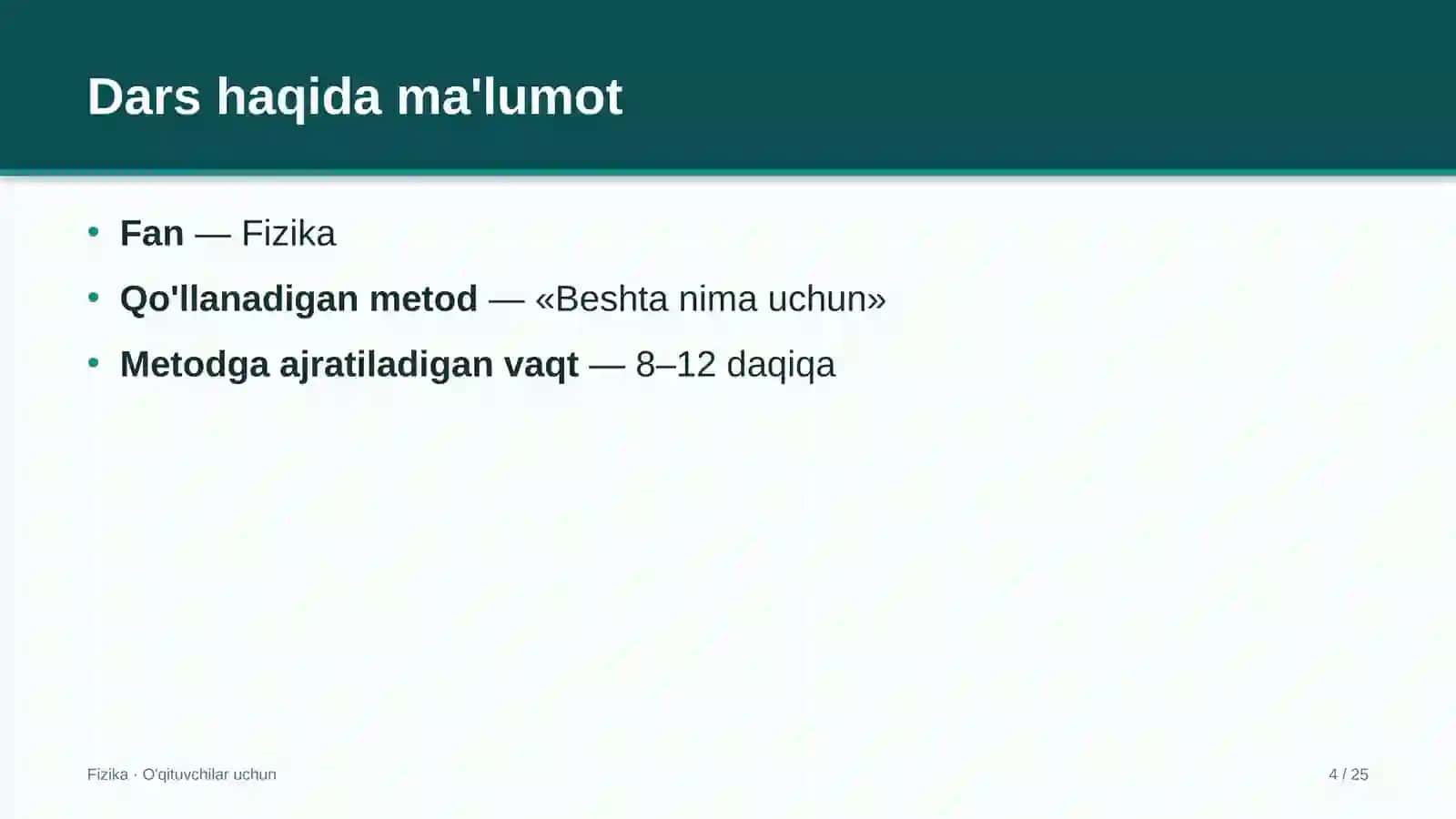 fizika darslarida beshta nima uchun metodidan foydalanish 4700 4