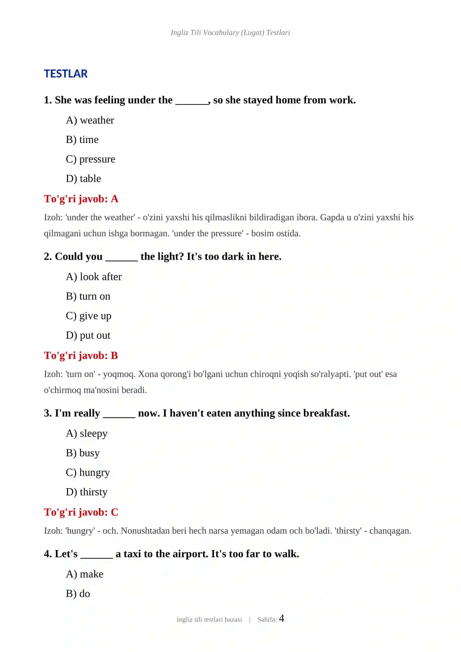 INGLIZ TILI VOCABULARY (LUGAT) TESTLARI 4