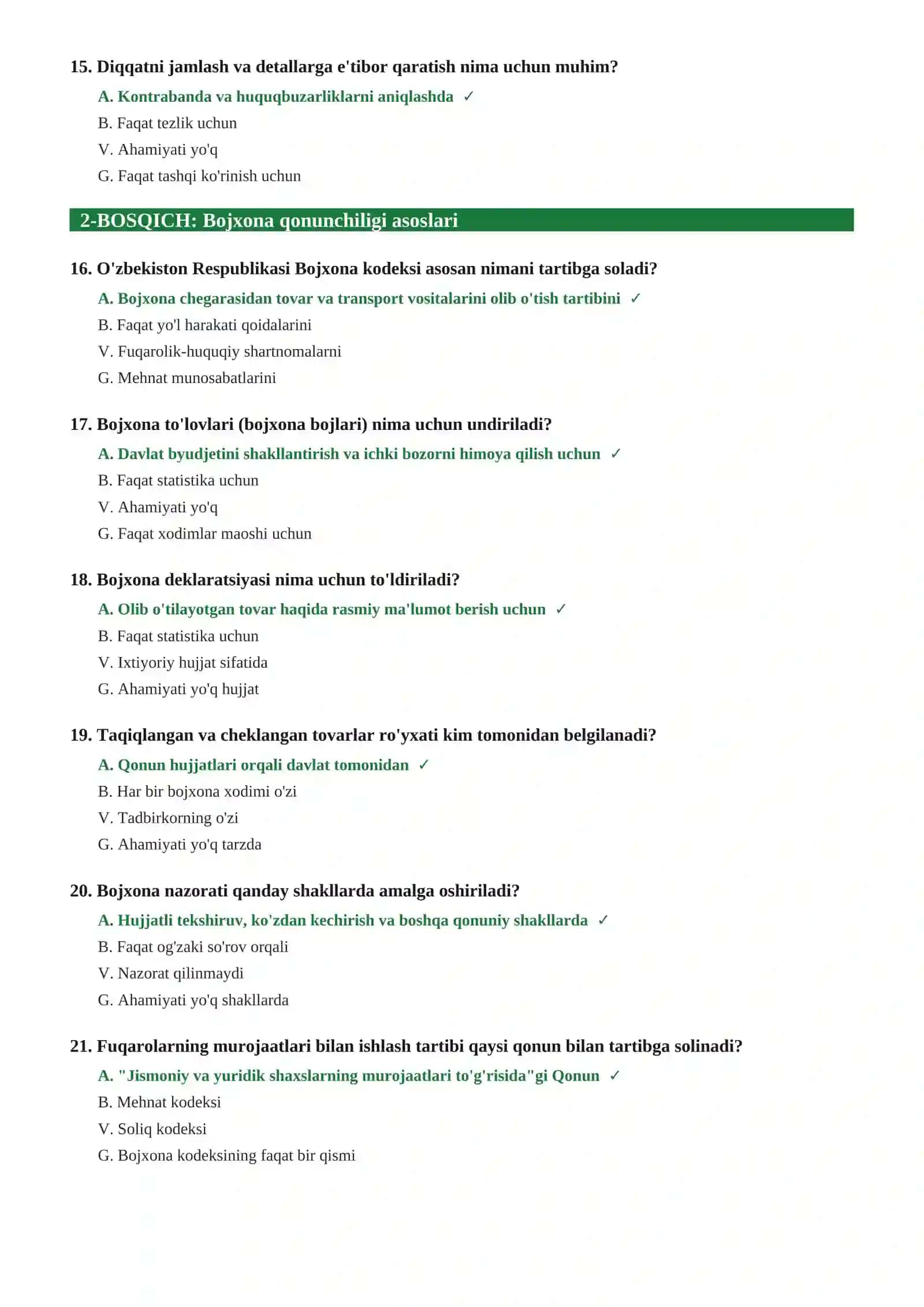 BOJXONAGA ISHGA KIRISH UCHUN TEST SAVOLLARI 2026 | 90 ta savol-javob 4