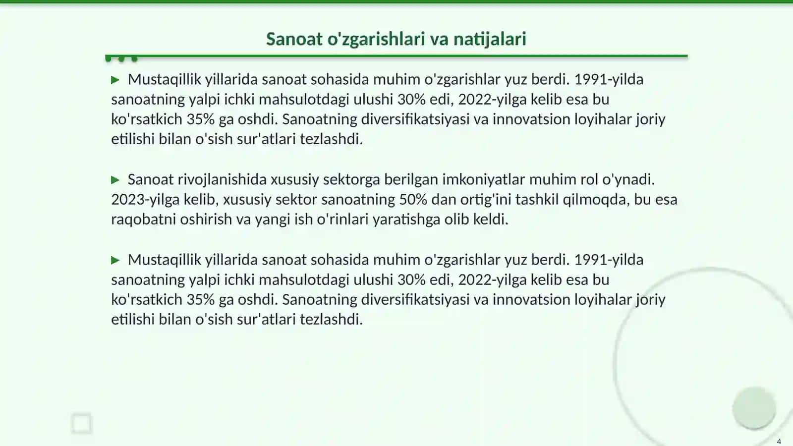 Mustaqillik yillarida qishloq xo’jaligi va sanoat sohasidagi o’zgarishlar 4