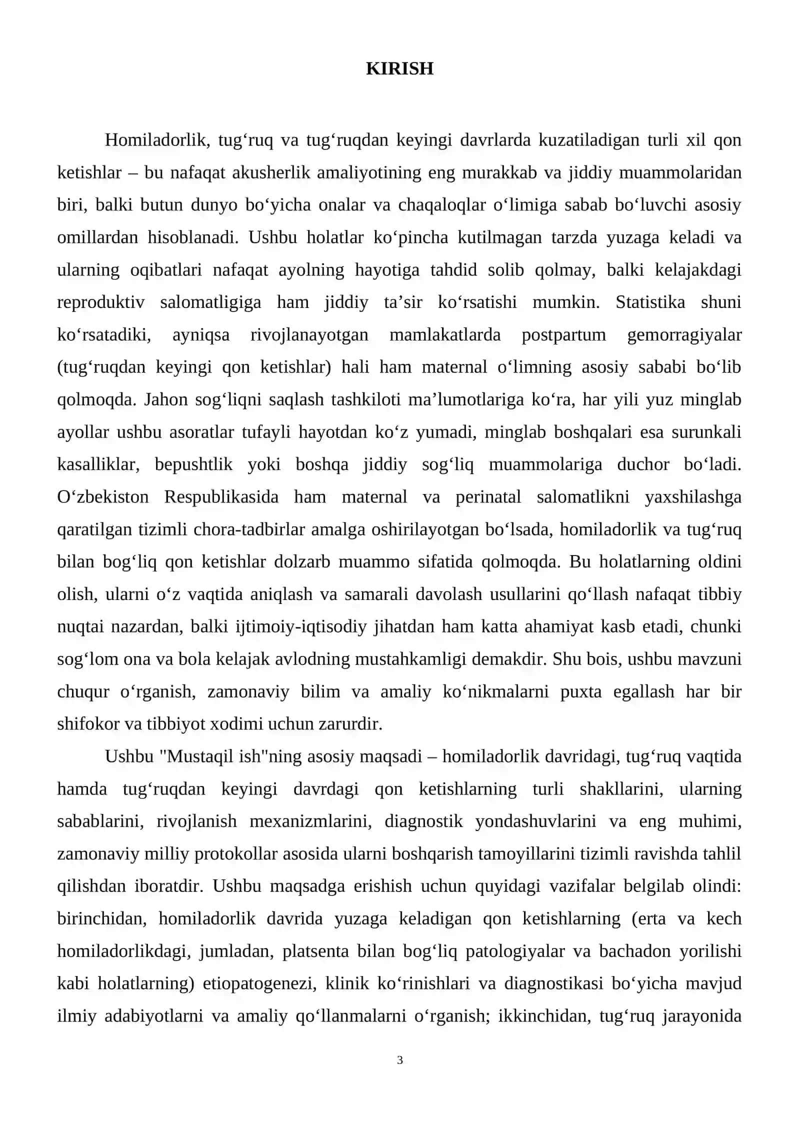 Homiladorlik davrida qon ketishlar. Tug‘ruqgacha bo‘lgan davrda qon ketishlar. Tug‘ruq vaqtida qon ketishlar. Tug‘ruqdan keyingi davrda qon ketishlar. 4