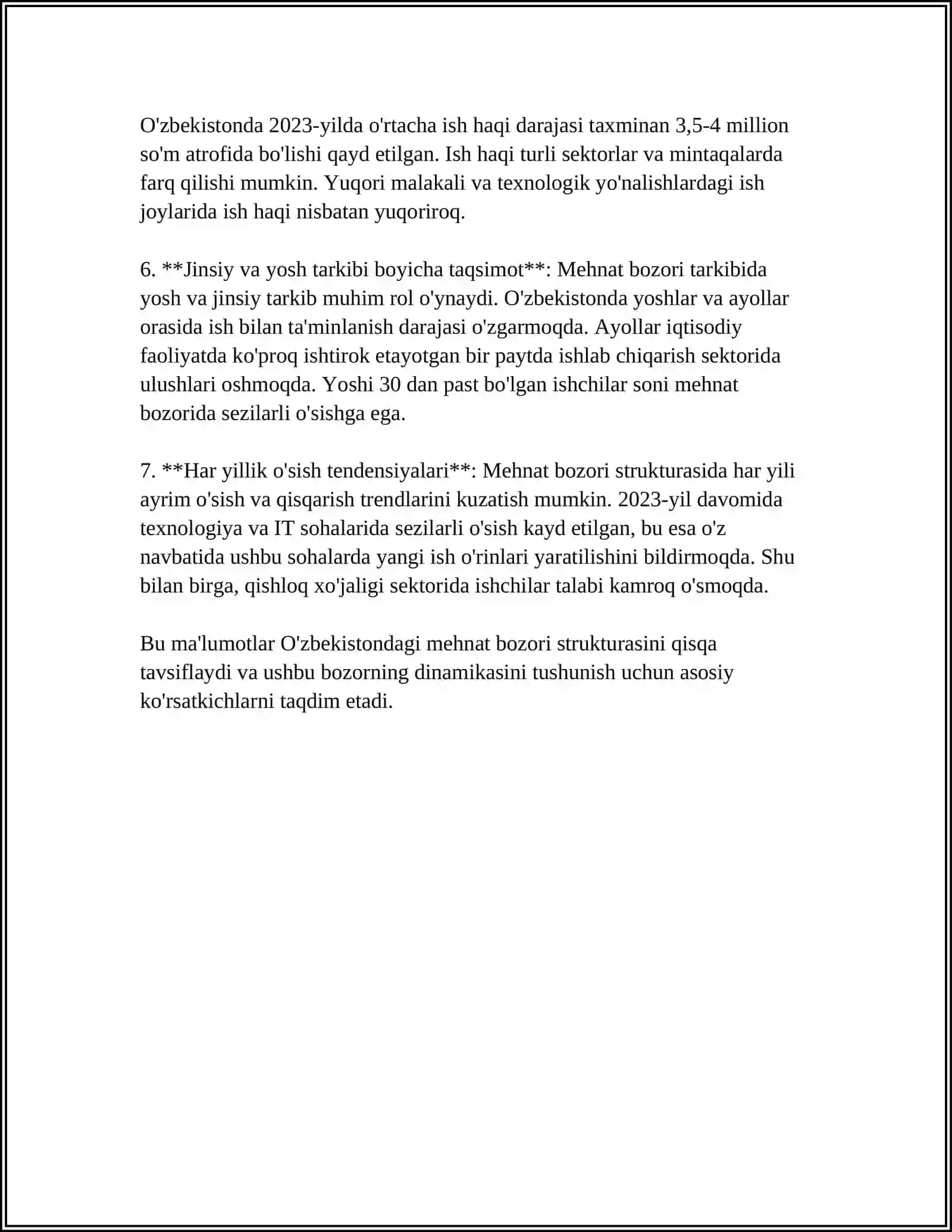 MUSTAQIL ISH Mavzu: MEHNAT BOZORIDAGI VAZIYAT VA BANDLIK MUAMMOLARI 4