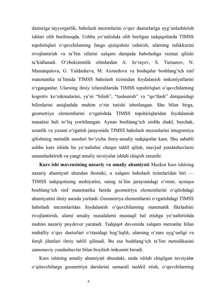 Geometriya elementlarini oʻrgatishdagi TIMSS baholash mezonidan foydalanish.      Geometriya elementlarini oʻrgatishdagi TIMSS baholash mezonidan foydalanish 4