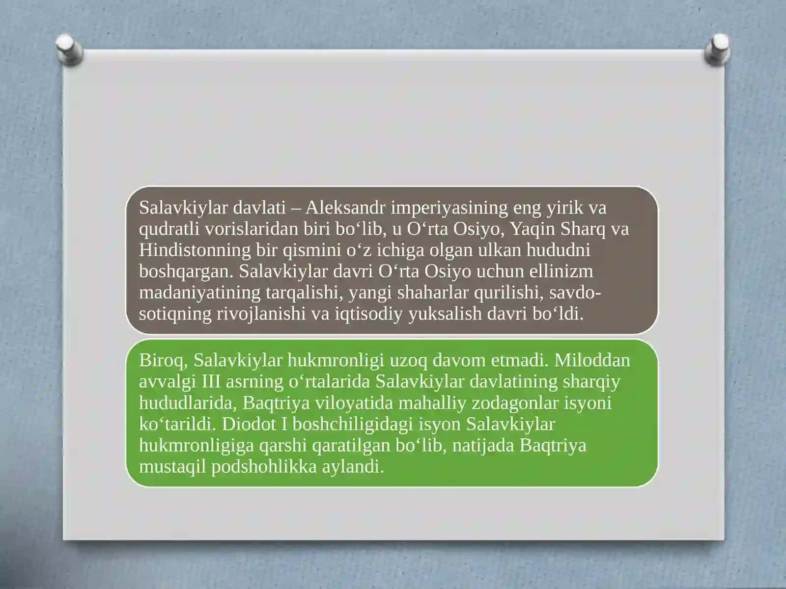 O'ZBEKISTONDA ANTIK DAVR DAVLATCHILIGI. SALAVKIYLAR VA YUNON BAQTRIYA DAVLATLARI 4
