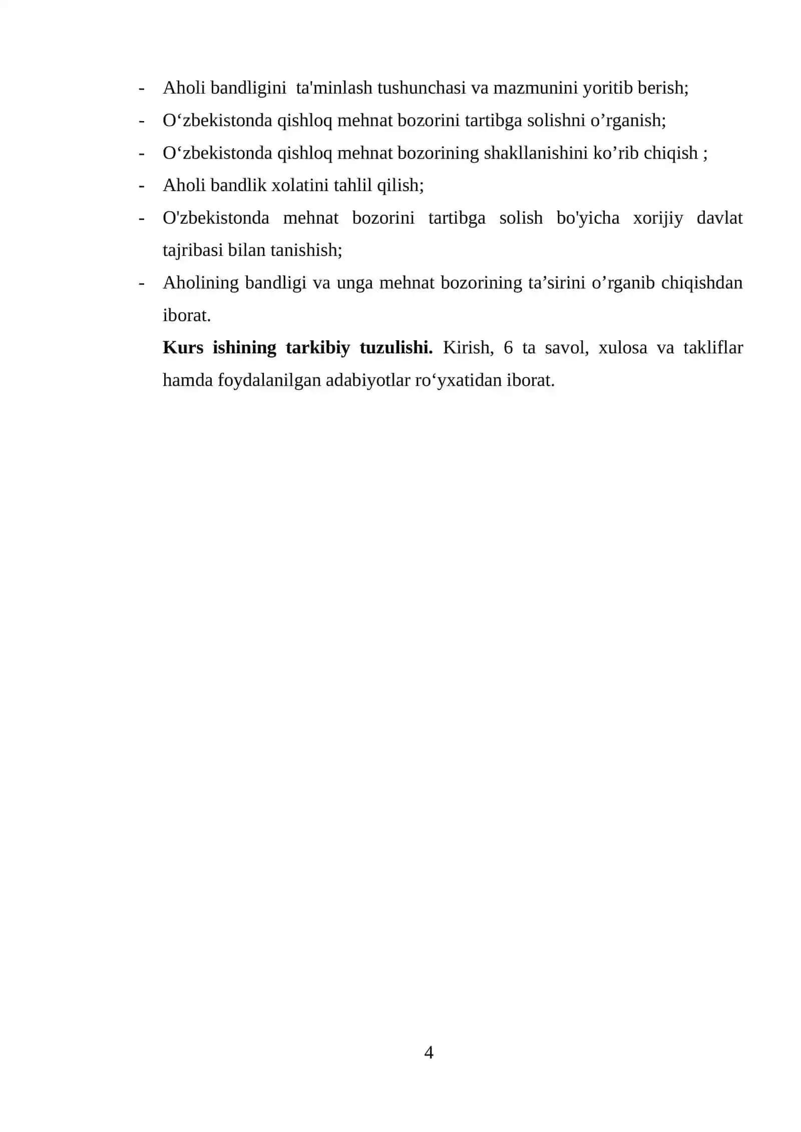 QISHLOQ JOYLARDA MEHNAT BOZORINI DAVLAT TOMONIDAN TARTIBGA SOLISH VA AHOLI BANDLIGINI TA’MINLASH MEX 4