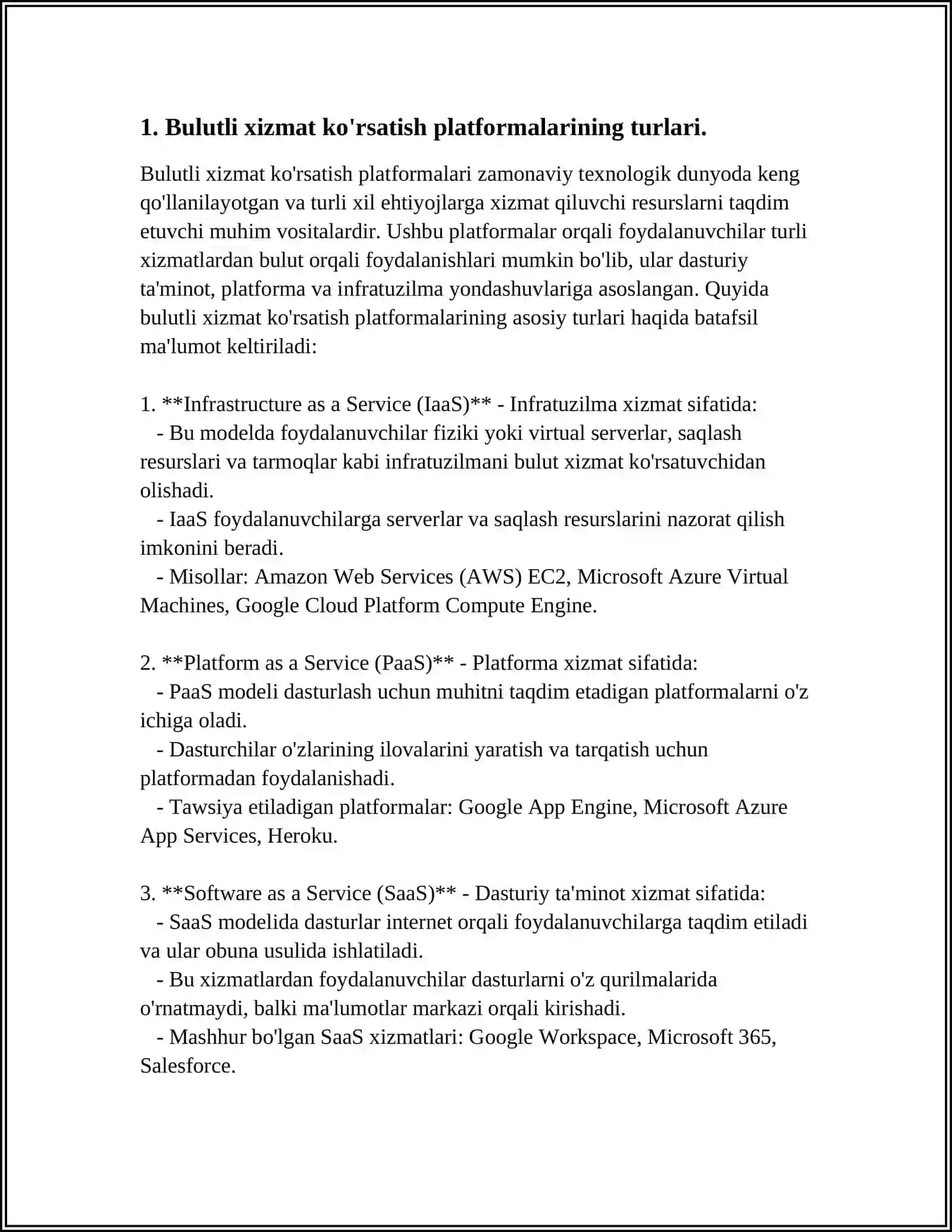 BULUTLI XIZMAT KOʻRSATISH PLATFORMALARNING QIYOSIY TAHLILI MAVZUSINI KREDIT TIZIMI ASOSIDA OʻQITISH METODIKASI 4