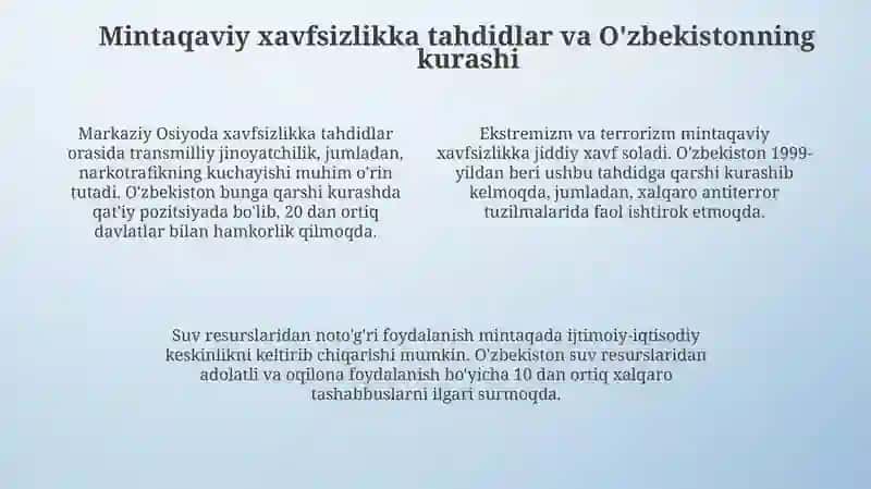 O'zbekistonning Markaziy Osiyoda tinchlik va barqarorlikni ta'minlashdagi oʻrni 4