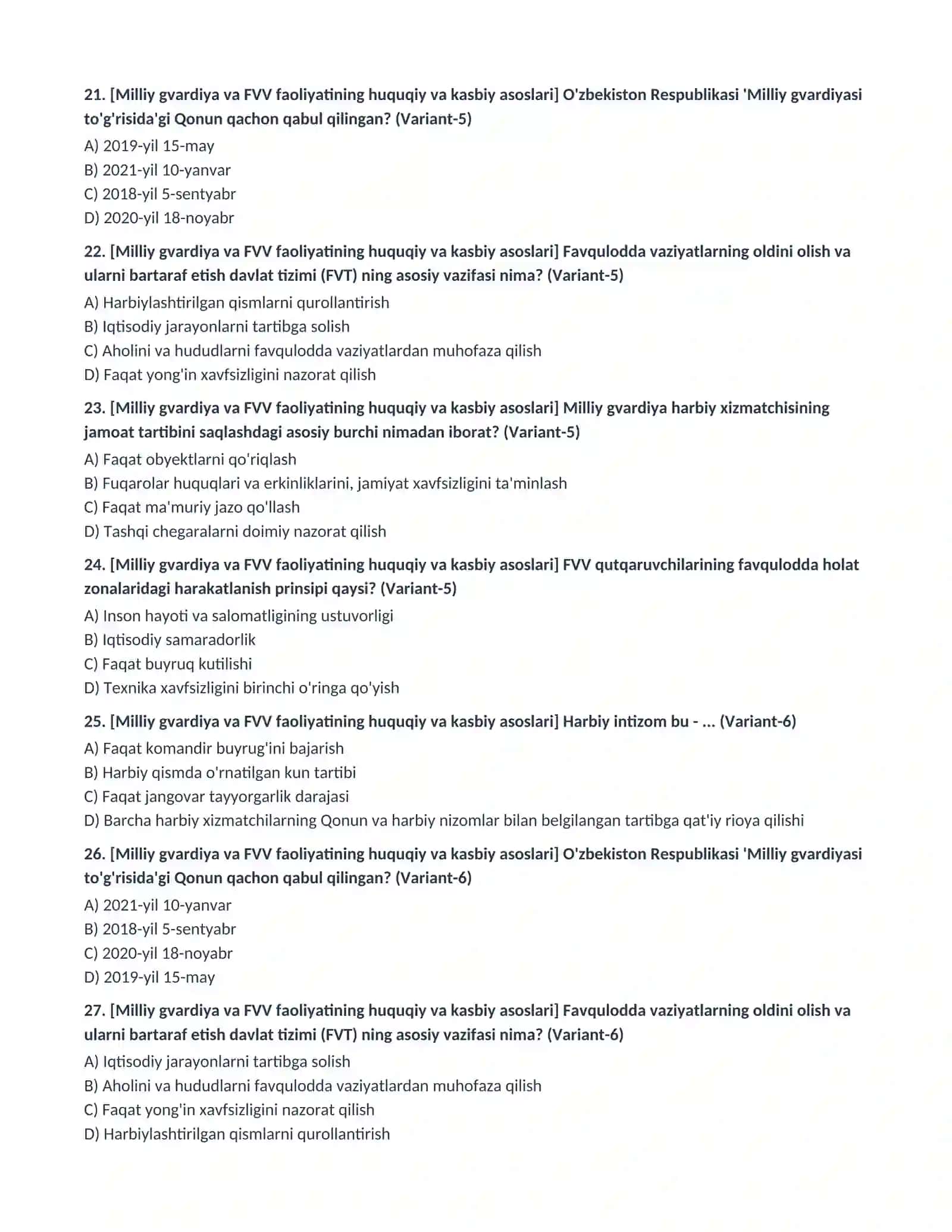 MILLIY GVARDIYA VA FAVQULODDA VAZIYATLAR VAZIRLIGI (FVV) KASBIY VA PSIXOLOGIK TEST SAVOLLARI TO'PLAMI 4