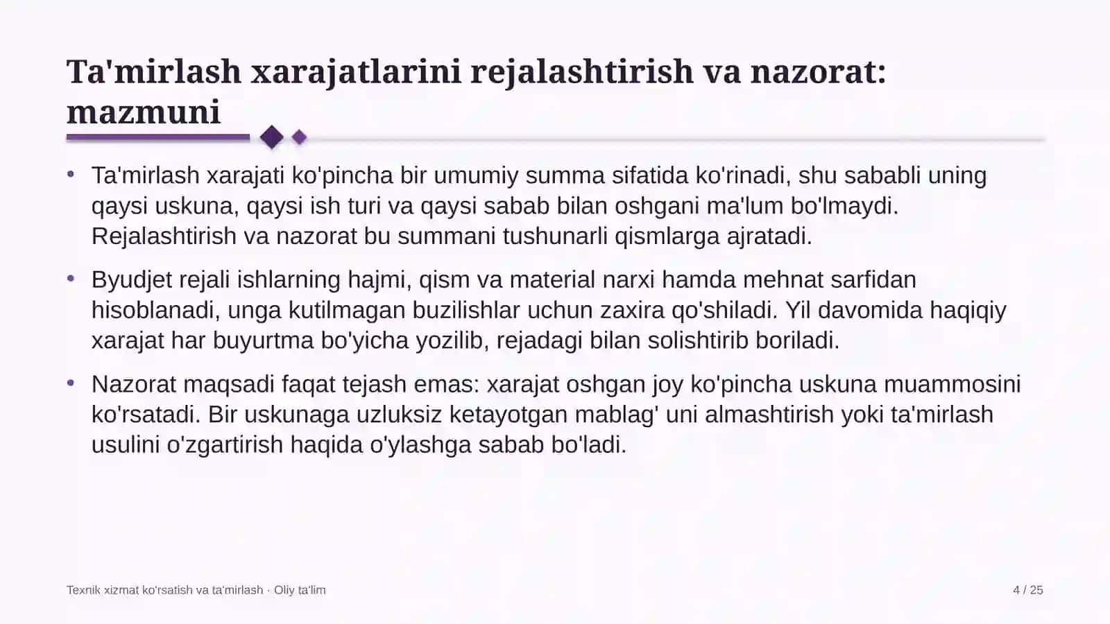 Ko'chatchilik xo'jaliklarida ta'mirlash xarajatlarini rejalashtirish va nazorat qilish 4