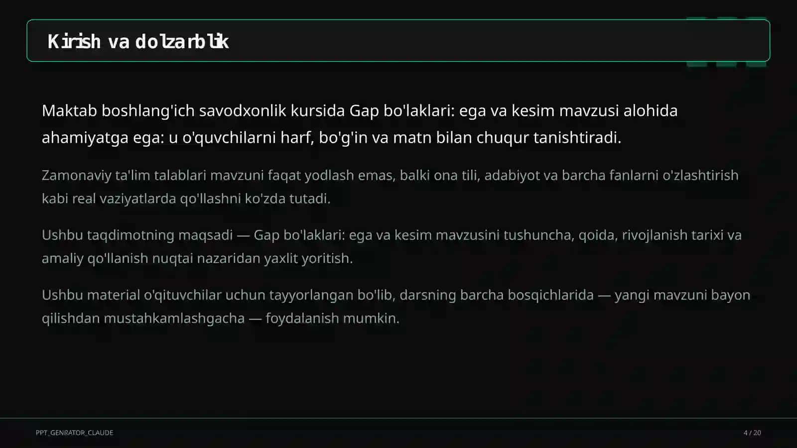 Gap bo'laklari: ega va kesim (4-sinf) 4