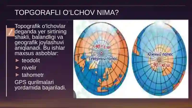 TOPOGRAFIYADA QO‘LLANILADIGAN KOORDINATALAR VA BALANDLIKLAR SISTEMASI SLAYD 4