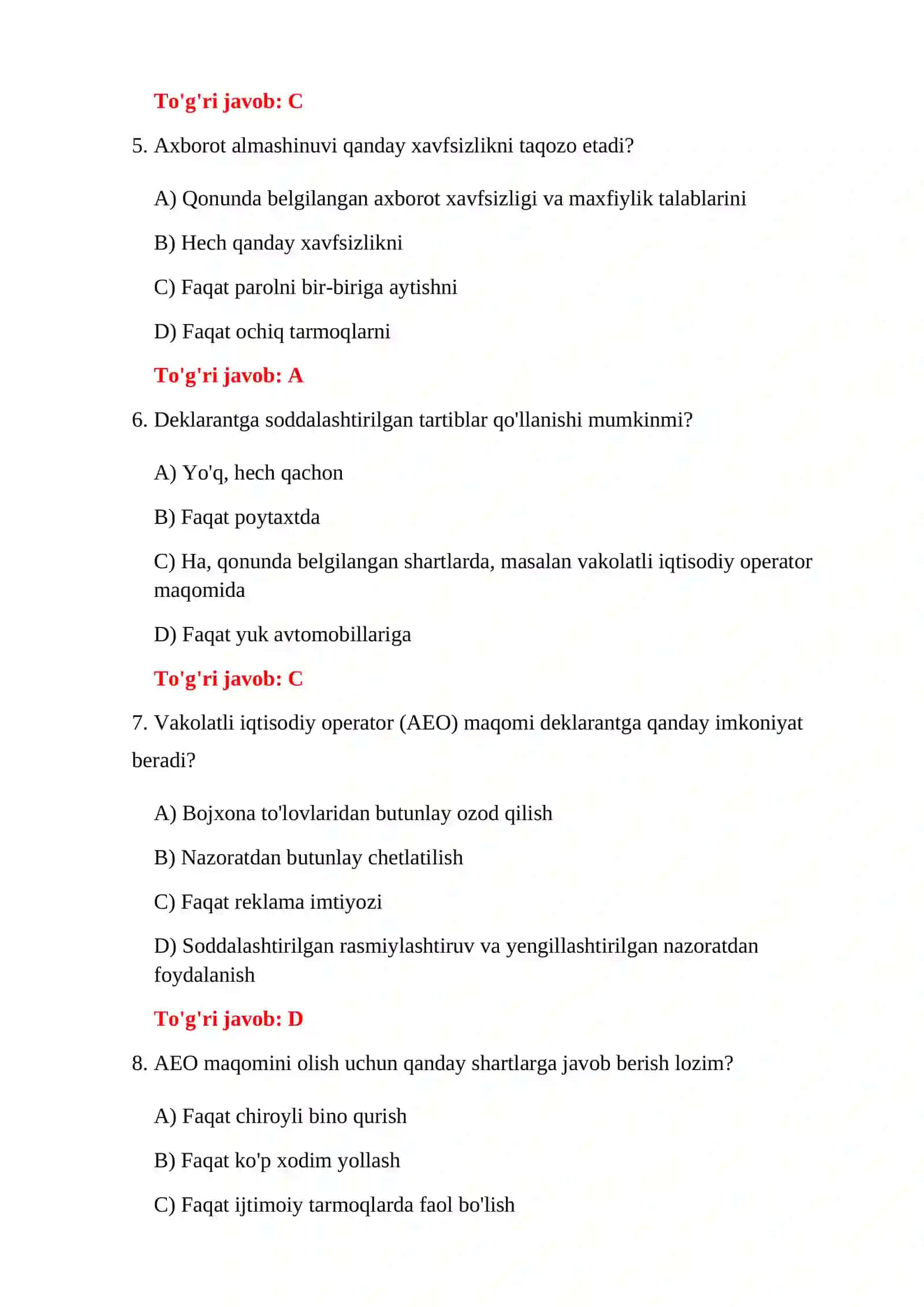 BOJXONA DEKLARATSIYASI 500 TA TEST 4