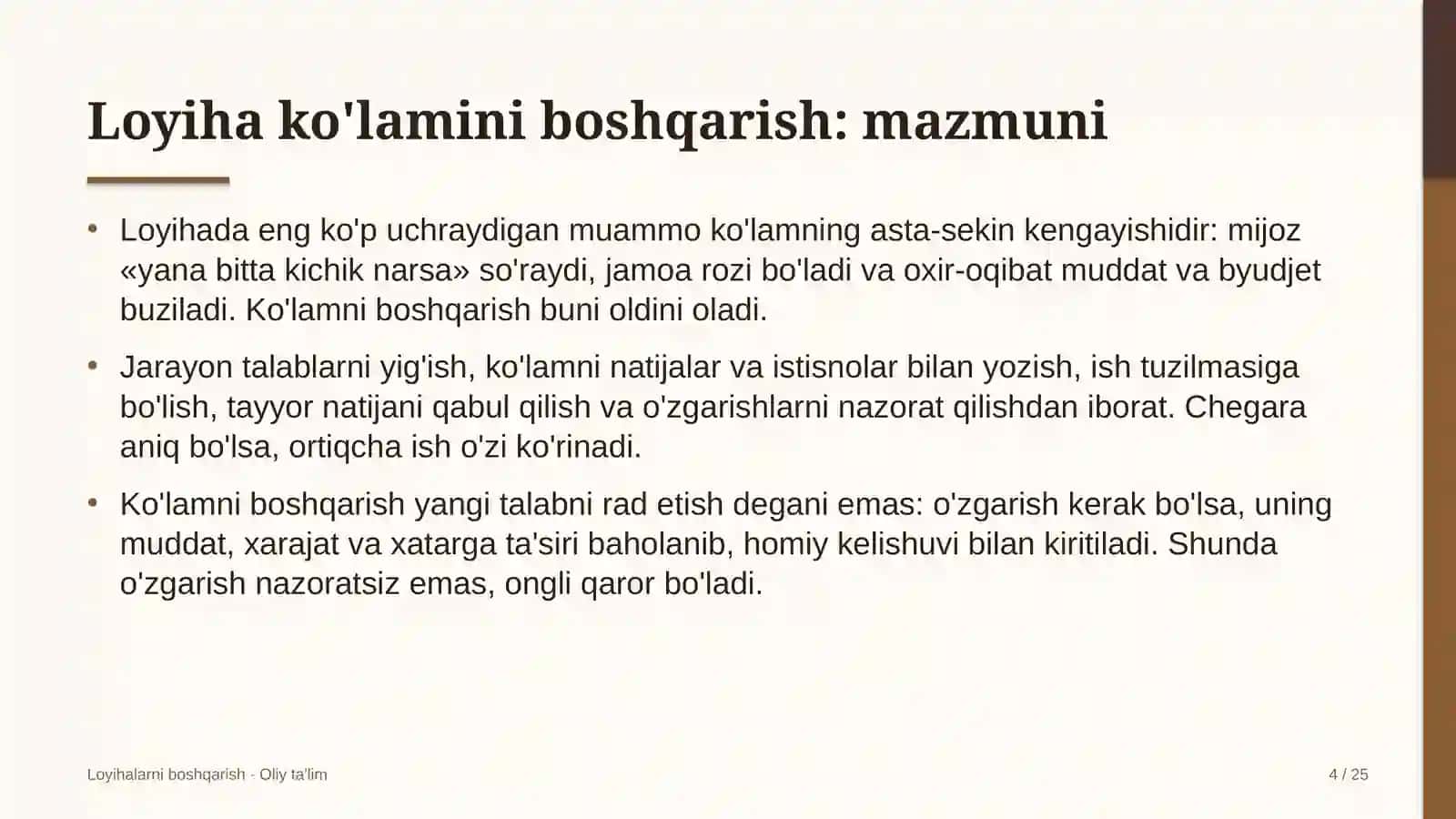 Loyihalarni boshqarish · Oliy ta'lim 4