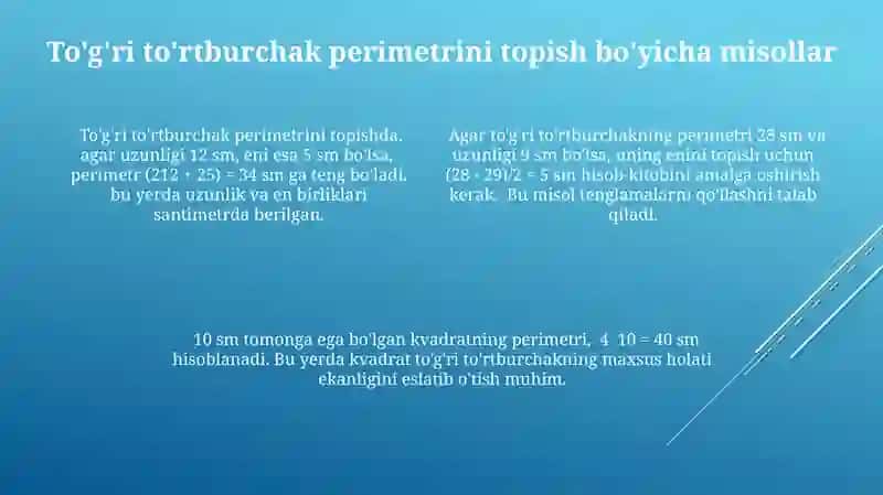 To'g'ri to'rtburchak va kvadratning perimetrini,yuzaga doir masalalar yechishga òrgatish 4