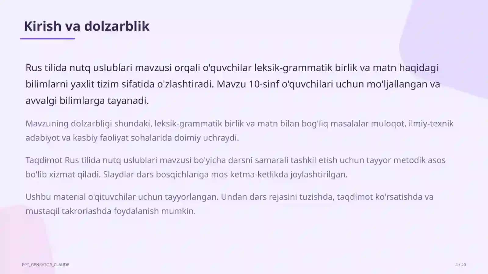 Rus tilida nutq uslublari (10-sinf) 4