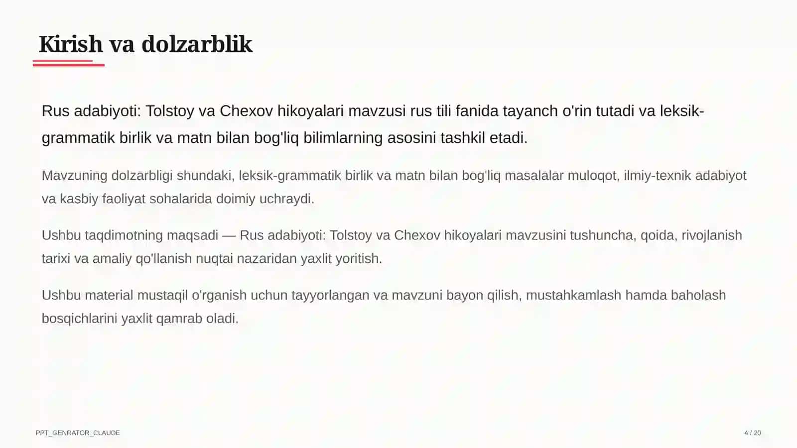 Rus adabiyoti: Tolstoy va Chexov hikoyalari (10-sinf) 4