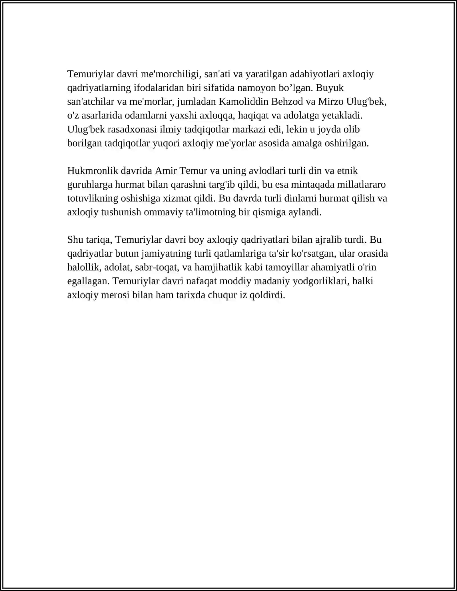 TEMURIYLARNING AXLOQNING RIVOJLANISHIGA QO'SHGAN HISSASI 4