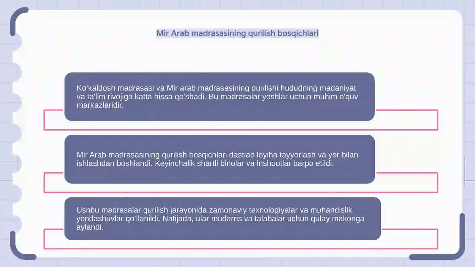 Koʻkaldosh madrasasi va Mir arab madrasasini qurilishi 4