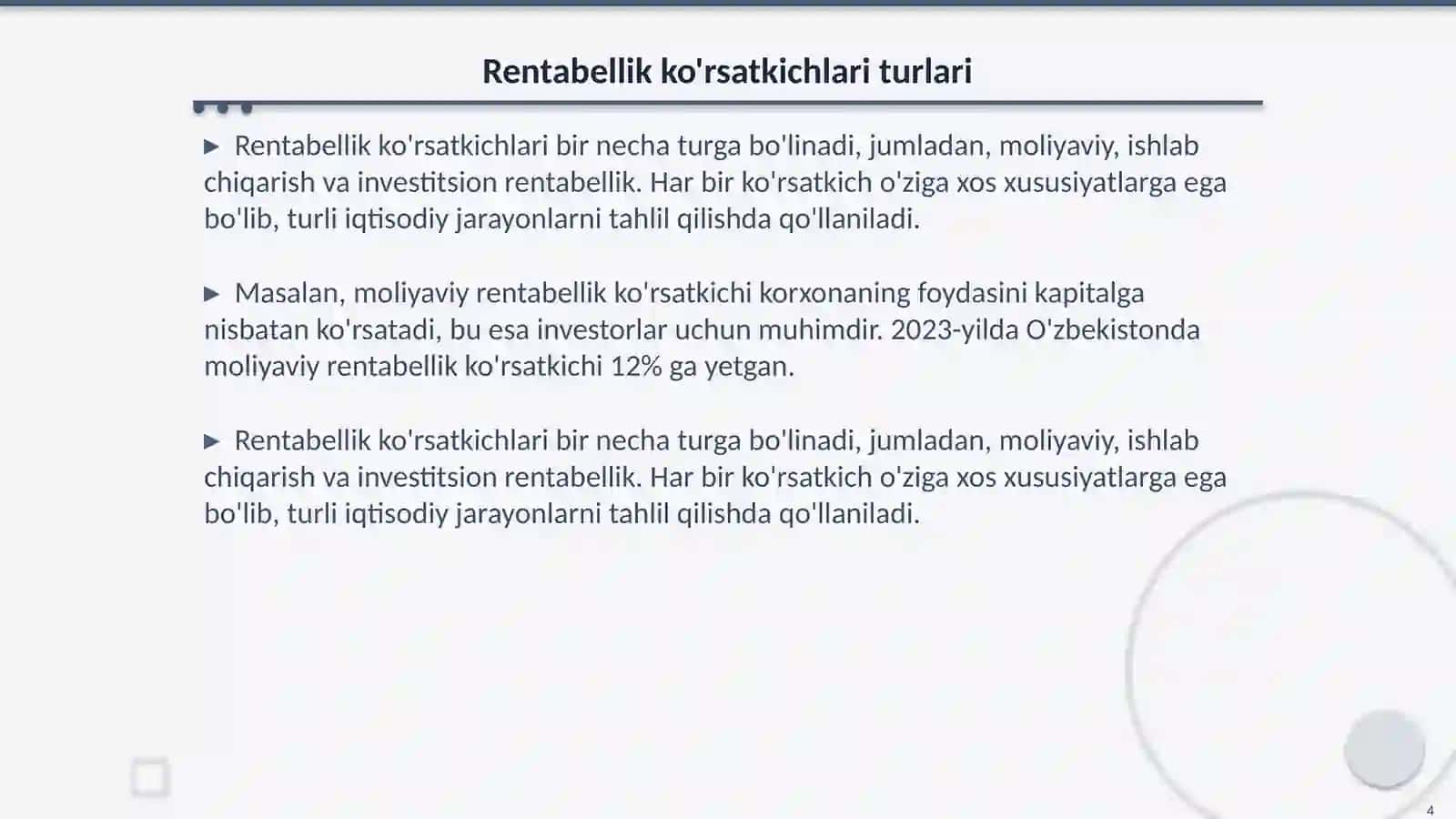 Iqtisodiy tahlilda rentabellik ko'rsatkichlari tahlili 4