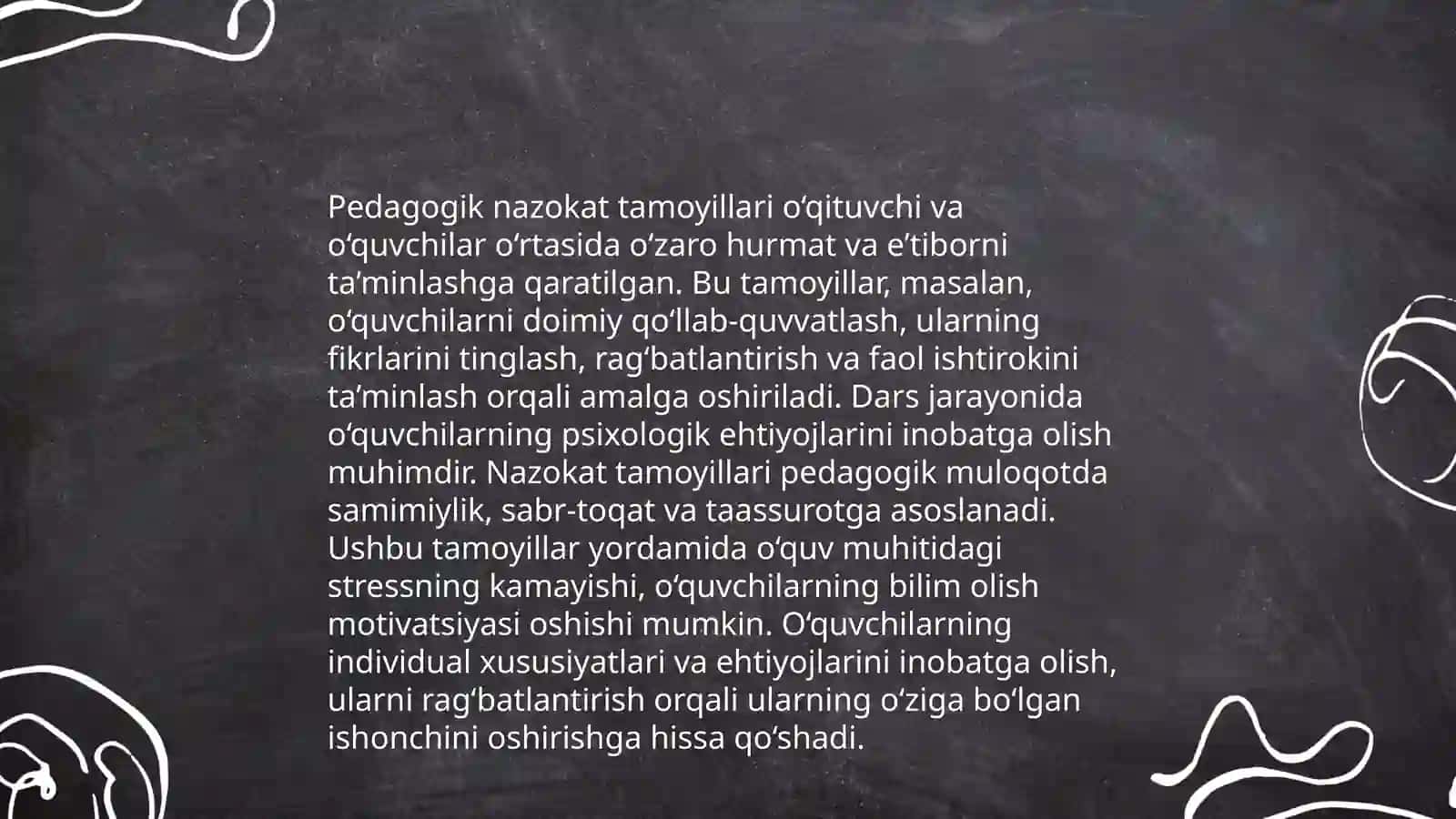 Oʻqituvchi faoliyatida muloqot madaniyati va psixologiyasi. Oʻqituvchi va oʻquvchi oʻrtasidagi muloqot. Pedagogik nazokatva odob-axloq 4