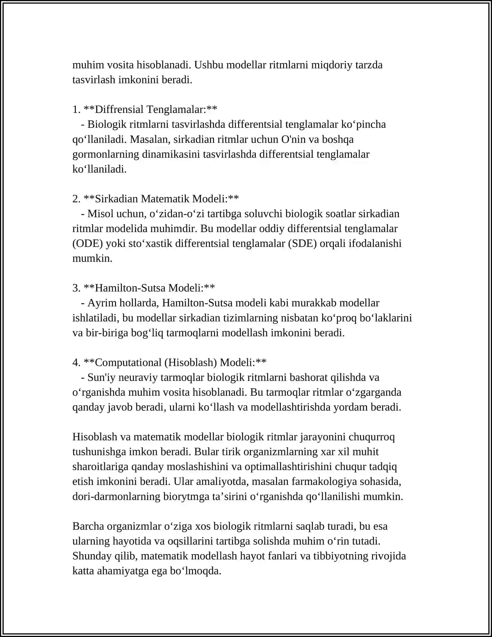 TIBBIY-BIOLOGIK MAZMUNDAGI DIFFERENSIAL TENGLAMALARNI TUZISH VA YECHISH. TIBBIYOT, BIOLOGIYA VA FARMATSIYANING AMALIY MASALALARINI OCHIB BERISH 4