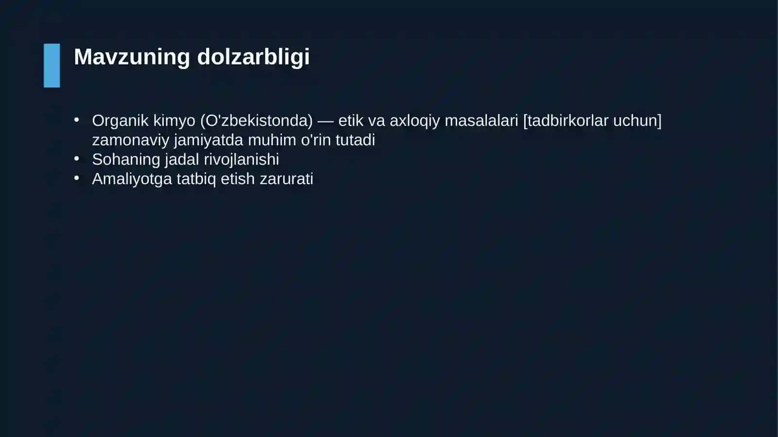 Organik kimyo (O'zbekistonda) — etik va axloqiy masalalari [tadbirkorlar uchun] 4