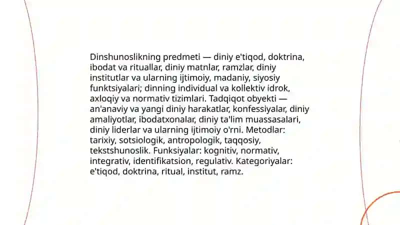Dinshunoslikning fan sifatda shaklanishi, peridmeti funksiyalari kategoriyalar Abdullajonova Gulsevar 4