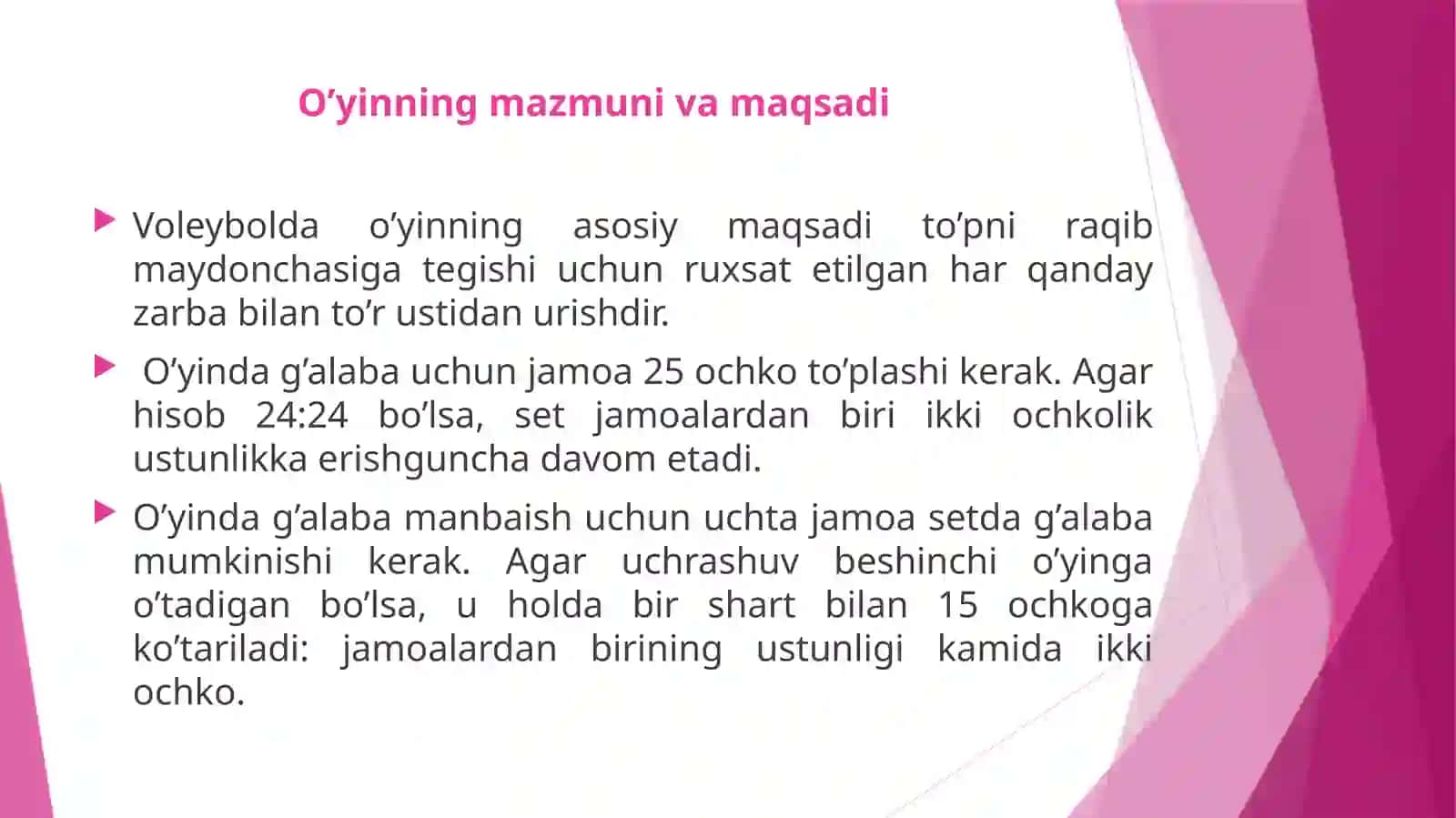 Voleybolo‘yinining kelib chiqishi va rivojlanish tarixi, o‘yin qoidalari hamda o‘yin texnikasi va taktikasining tasnifi 4