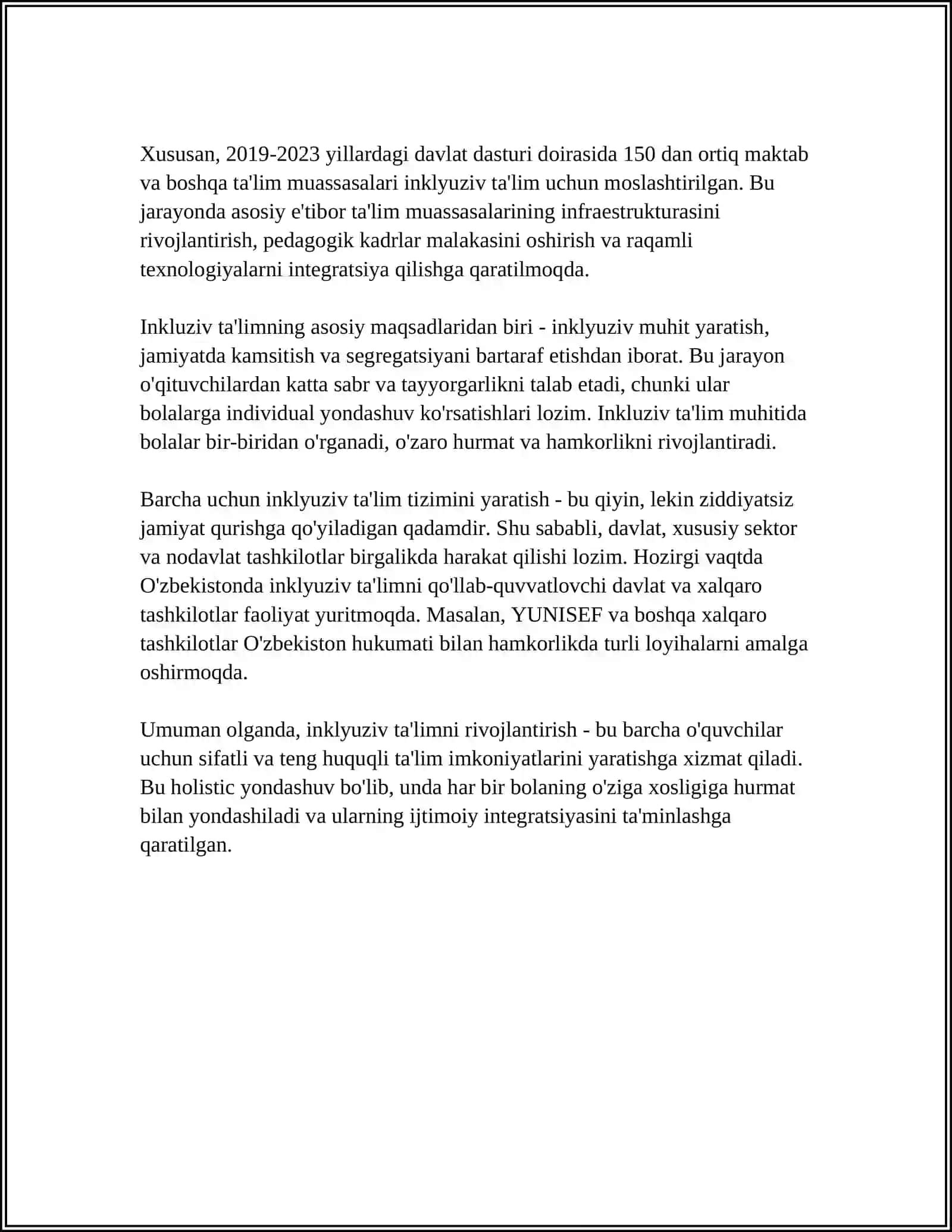 ALOHIDA YORDAMGA MUHTOJ BOLALARNI UMUMTA'LIM MAKTABI YOKI MAKTABGACHA TASHKILOTDA INKLYUZIV TA'LIM SHAROITIDA ÒQISHGA MOSLASHDA OILA VA MAKTABNING ÒRNI 4