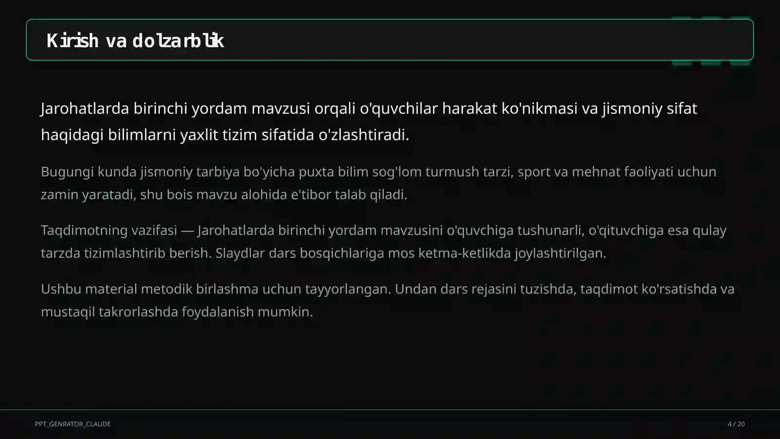Jarohatlarda birinchi yordam (9-sinf) 4
