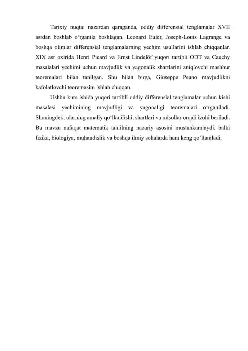 YUQORI TARTIBLI ODDIY DIFFERENSIAL TENGLAMALAR UCHUN KISHI MASALA YECHIMINING MAVJUDLIGI VA YAGONALIGI 4